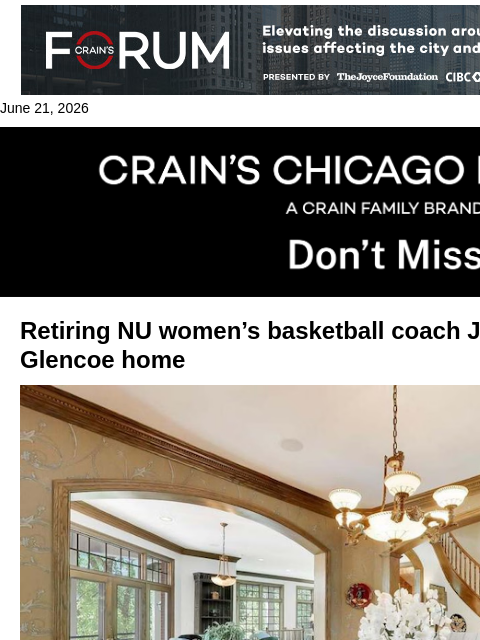 crainalerts newsletter: Retiring NU coach selling Glencoe home