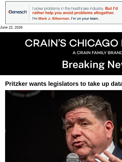 crainalerts newsletter: Pritzker wants lawmakers to tackle data center rul...