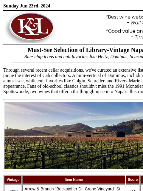 All-time classics from Dominus, Spottswoode, Colgin, and more... Sunday Jun 23rd, 2024 View in Browser KL-emailheader.png Must-See Selection of Library-Vintage Napa Cabs Blue-chip icons and cult