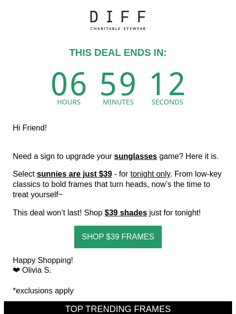 diffeyewear newsletter: Your Next Sunnies? Just $39 TONIGHT 😱