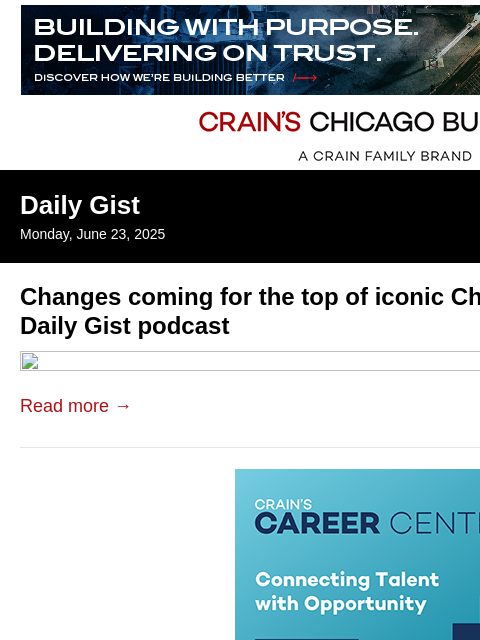 crainalerts newsletter: Changes coming for the top of iconic Chicago tower...