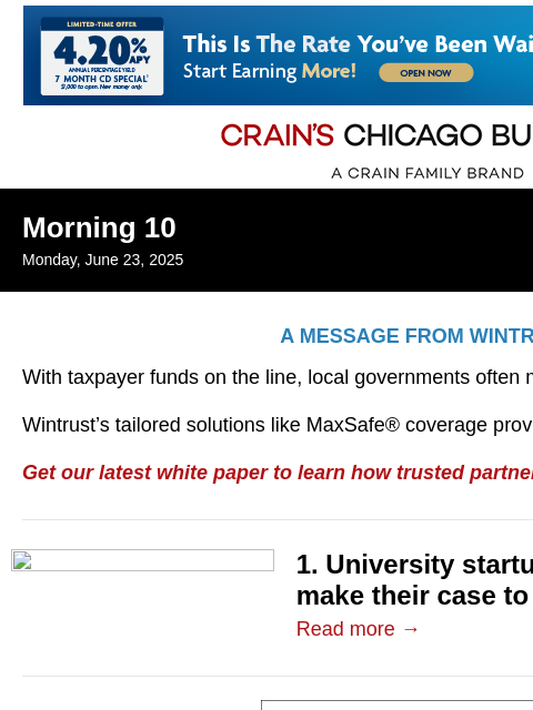 crainalerts newsletter: University startups court Bay Area investors