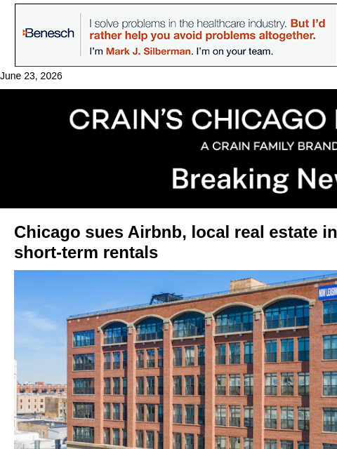 crainalerts newsletter: Chicago sues Airbnb over short-term rentals