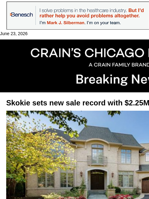 crainalerts newsletter: Skokie sees new home sale record