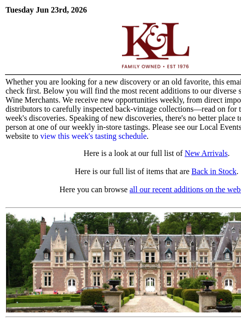 klwines newsletter: The Latest from K&L: New Adds and Back In Stock