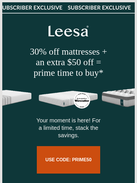 leesasleep newsletter: Prime time is here! Save an extra $50