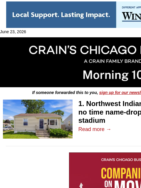 crainalerts newsletter: The Bears arrive in Indiana real estate listings