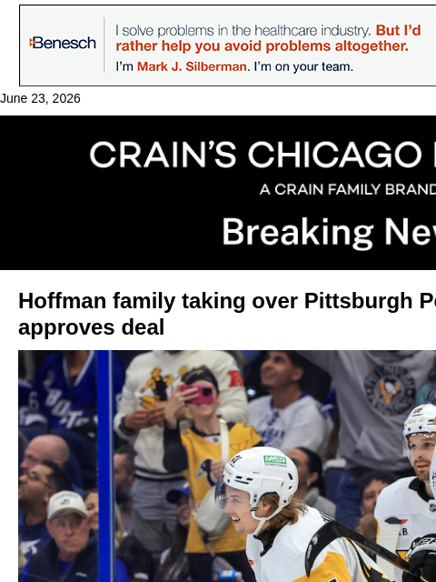 crainalerts newsletter: Hoffman family cleared to buy Pittsburgh Penguins