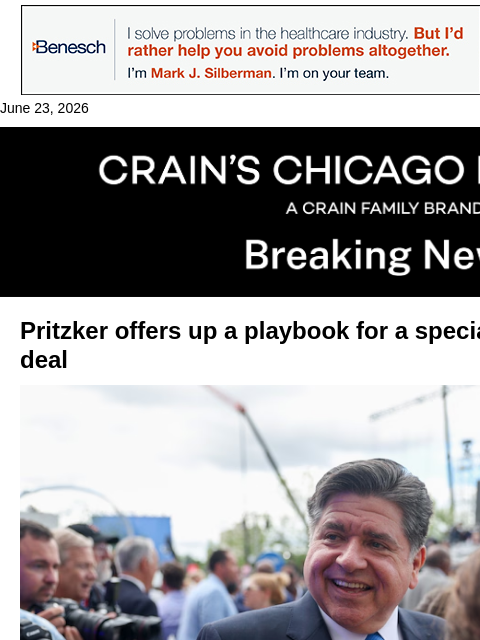 crainalerts newsletter: Pritzker offers a playbook for a Bears special ses...