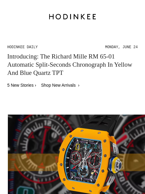 Today on Hodinkee... Introducing: The Richard Mille RM 65-01 Automatic Split-Seconds Chronograph In Yellow And Blue Quartz TPT | Hodinkee Daily – Monday, June 24 | Introducing: The Richard Mille RM 65-