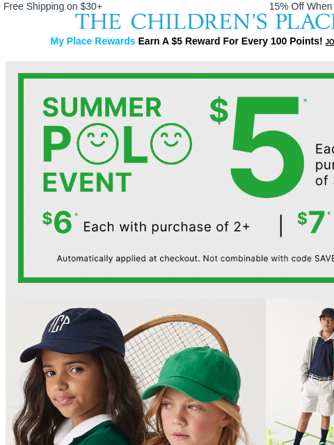 childrensplace newsletter: ⏳ LAST DAY: $5 POLOS (when you buy 3+) ENDS TONIGH...