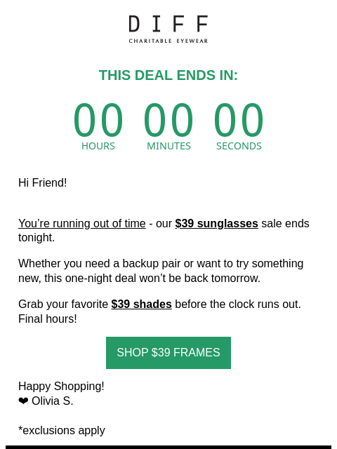 diffeyewear newsletter: Last Call: $39 Sunglasses Disappear At Midnight ‼️