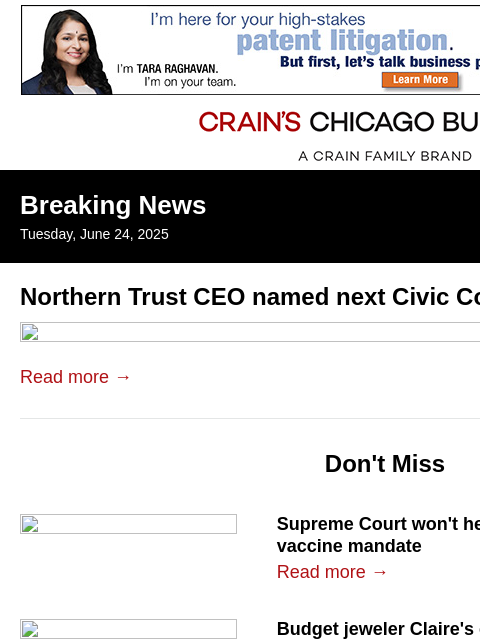 crainalerts newsletter: Northern Trust CEO named Civic Committee chair