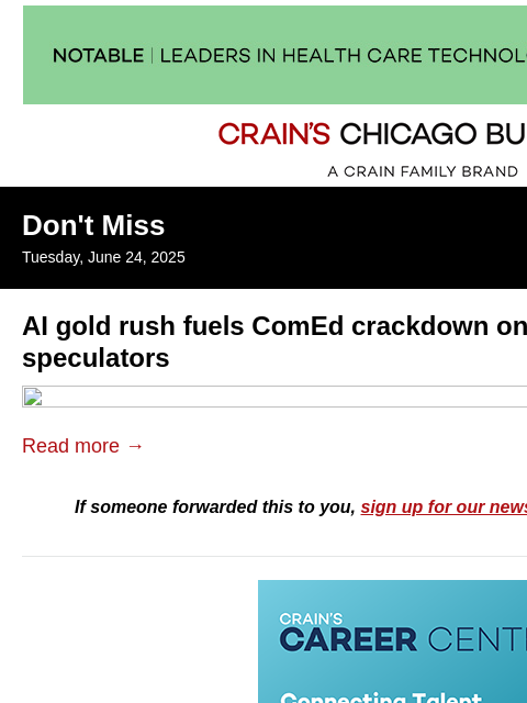 crainalerts newsletter: ComEd seeks bigger deposits for AI-era data center...
