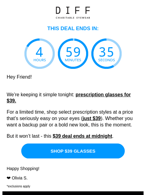 diffeyewear newsletter: One-Night Only: $39 Glasses Start Now 🚨