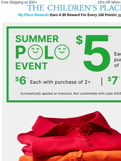childrensplace newsletter: Act fast! $5 Polos when you buy 3+ ends TOMORROW…