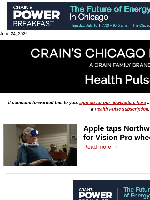 crainalerts newsletter: Northwestern, AbilityLab tech powers Apple control...
