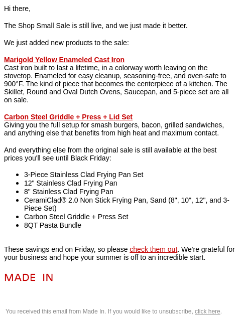 madeincookware newsletter: New Products Added to the Sale