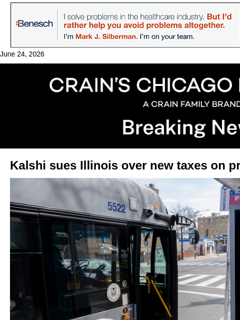crainalerts newsletter: Kalshi sues Illinois over prediction market taxes