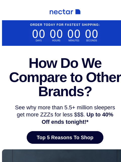 See why more than 5.5+ million sleepers get more ZZZs for less $$$ with a Nectar mattress (plus free shipping included).+ Nectar Logo Order Today For Fastest Shipping: How Do We Compare to Other Brands