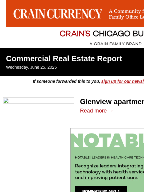crainalerts newsletter: Glenview apartments trade for $46 million