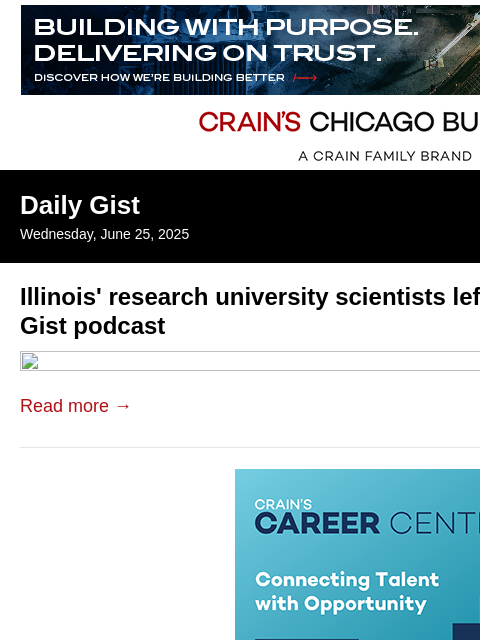 crainalerts newsletter: Illinois' research university scientists left reel...