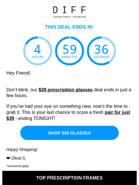 diffeyewear newsletter: Final Hours: $39 Glasses End Tonight ‼️