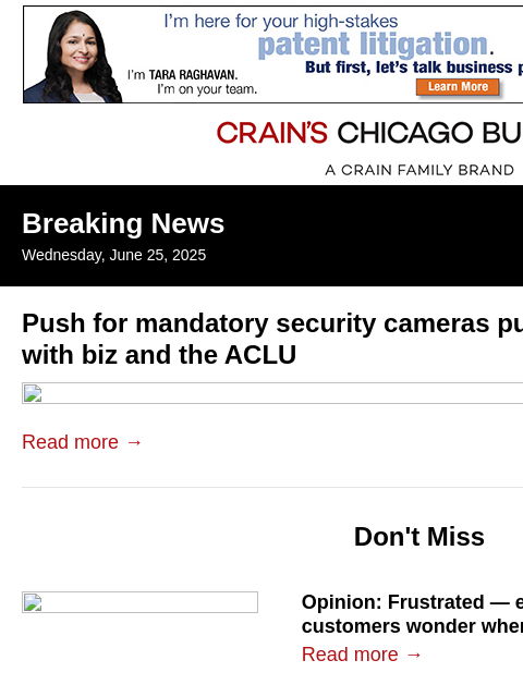 crainalerts newsletter: Mandatory security camera effort gets biz pushback