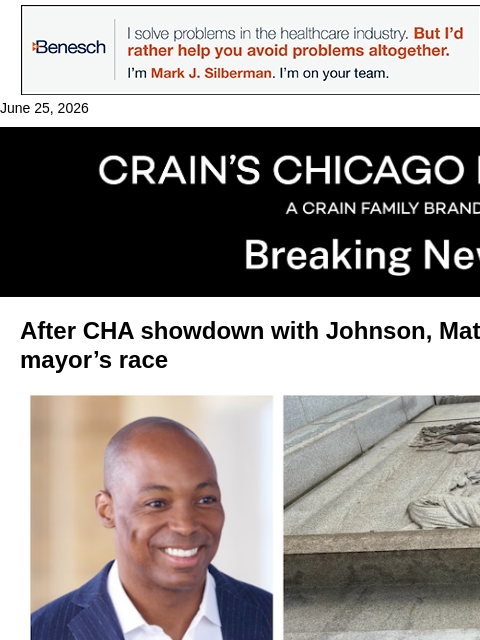 crainalerts newsletter: Another mayoral contender enters the race