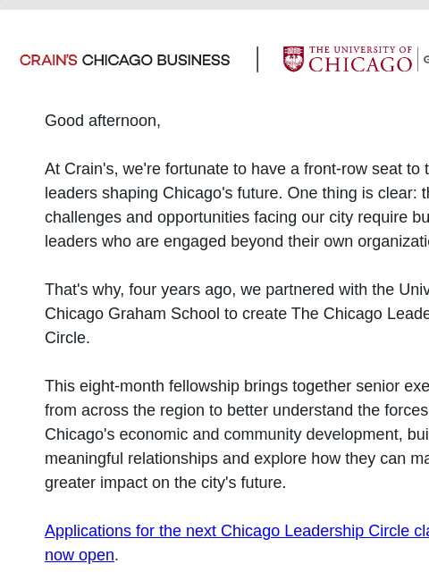 crainliveevents newsletter: An Invitation to Join The Chicago Leadership Circl...