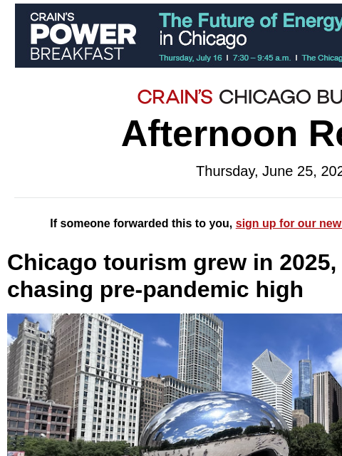 crainalerts newsletter: Chicago still chasing its tourism peak