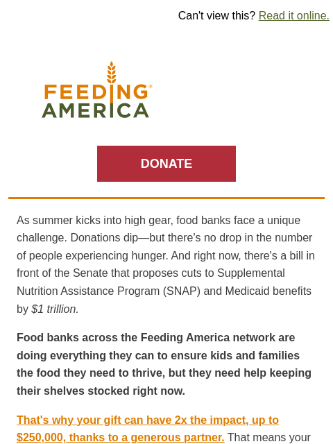 feedingamerica newsletter: 2x Match: Stock food bank shelves
