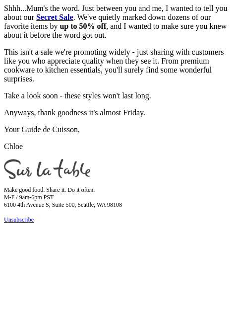surlatable newsletter: I've got a secret for you.