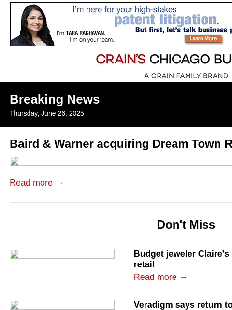 crainalerts newsletter: Baird & Warner acquiring Dream Town