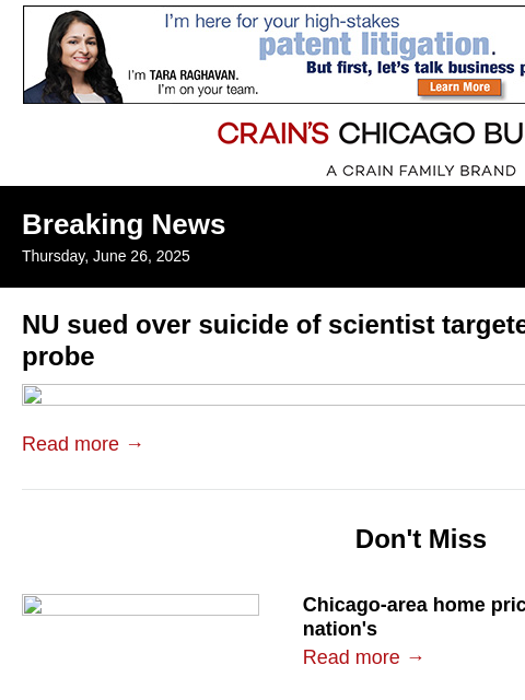 crainalerts newsletter: Northwestern professor's estate sues university