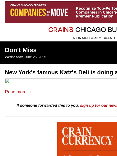 crainalerts newsletter: Beloved New York deli comes to Chicago — for a day