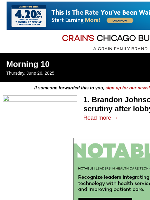 crainalerts newsletter: Johnson in hot seat over lobbyist cash