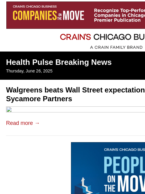 crainalerts newsletter: Walgreens beats Wall Street expectations