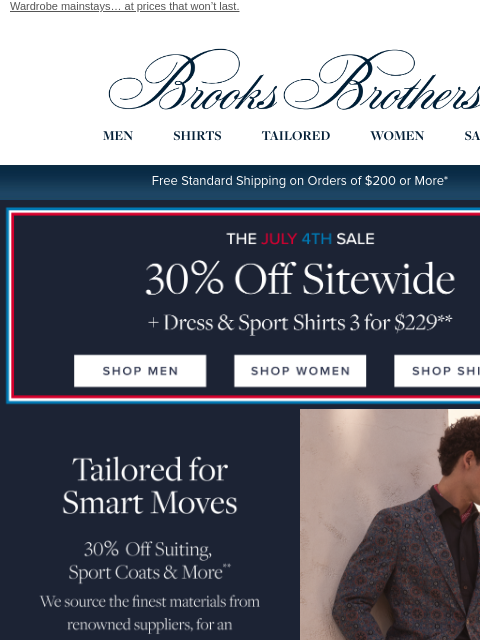 brooksbrothers newsletter: 30% off sitewide is here + 3 shirts for $229