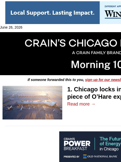 crainalerts newsletter: Chicago caps O'Hare concourse costs