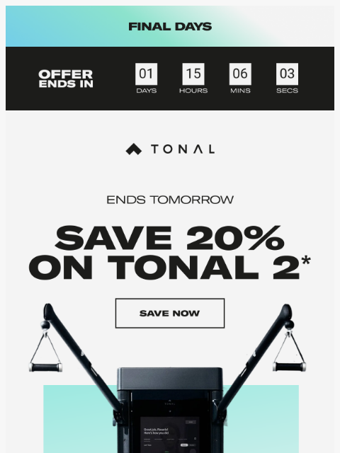 tonal newsletter: 20% off Tonal 2