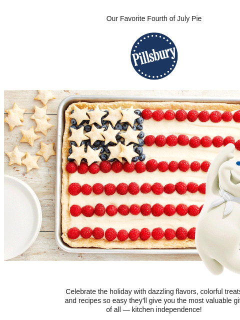 Our Favorite Fourth of July Pie Pillsbury Logo Pillsbury dough boy over a sheet pan dessert with a crust topped with white frosting and raspberry stripes with blueberry square in corner with mini star