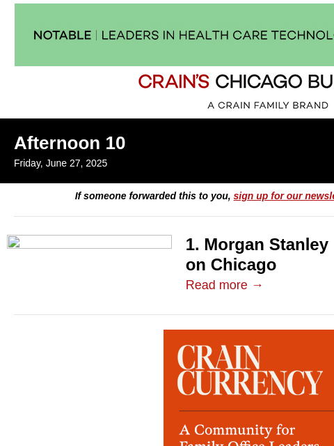 crainalerts newsletter: Morgan Stanley doubles down on Chicago