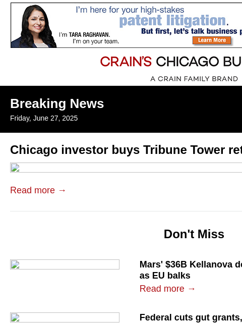 crainalerts newsletter: Tribune Tower retail space sold