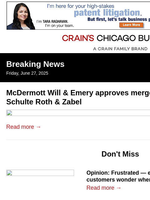 crainalerts newsletter: McDermott Will & Emery agrees to merger