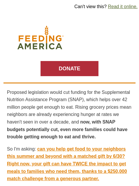 feedingamerica newsletter: Food aid is at risk for millions—here's how you ca...