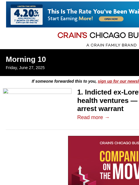 crainalerts newsletter: Indicted ex-Loretto exec resurfaces