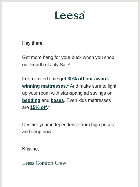 leesasleep newsletter: Red, white, and YOU save up to 30%* 🇺🇸