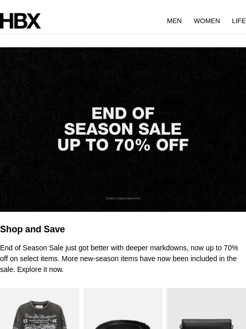 hbx newsletter: Up to 70% Off: Maison Margiela, Thom Browne, Baske...