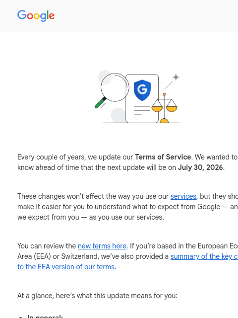 google newsletter: Learn more about our updated Terms of Service